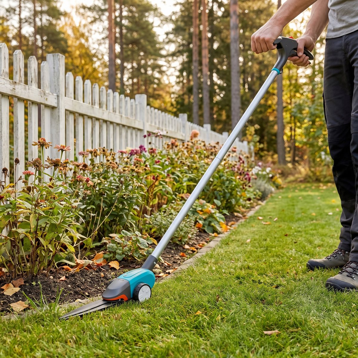 Gardena Comfort långskaftad vridbar grässax rullas på sina hjul längs kanten av en rabatt vid ett vitt staket i en svensk höstträdgård