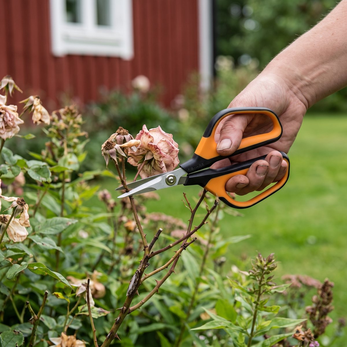 Fiskars Solid Snip SP15 med orange handtag klipper av en vissen ros i en rabatt framför ett rött trähus