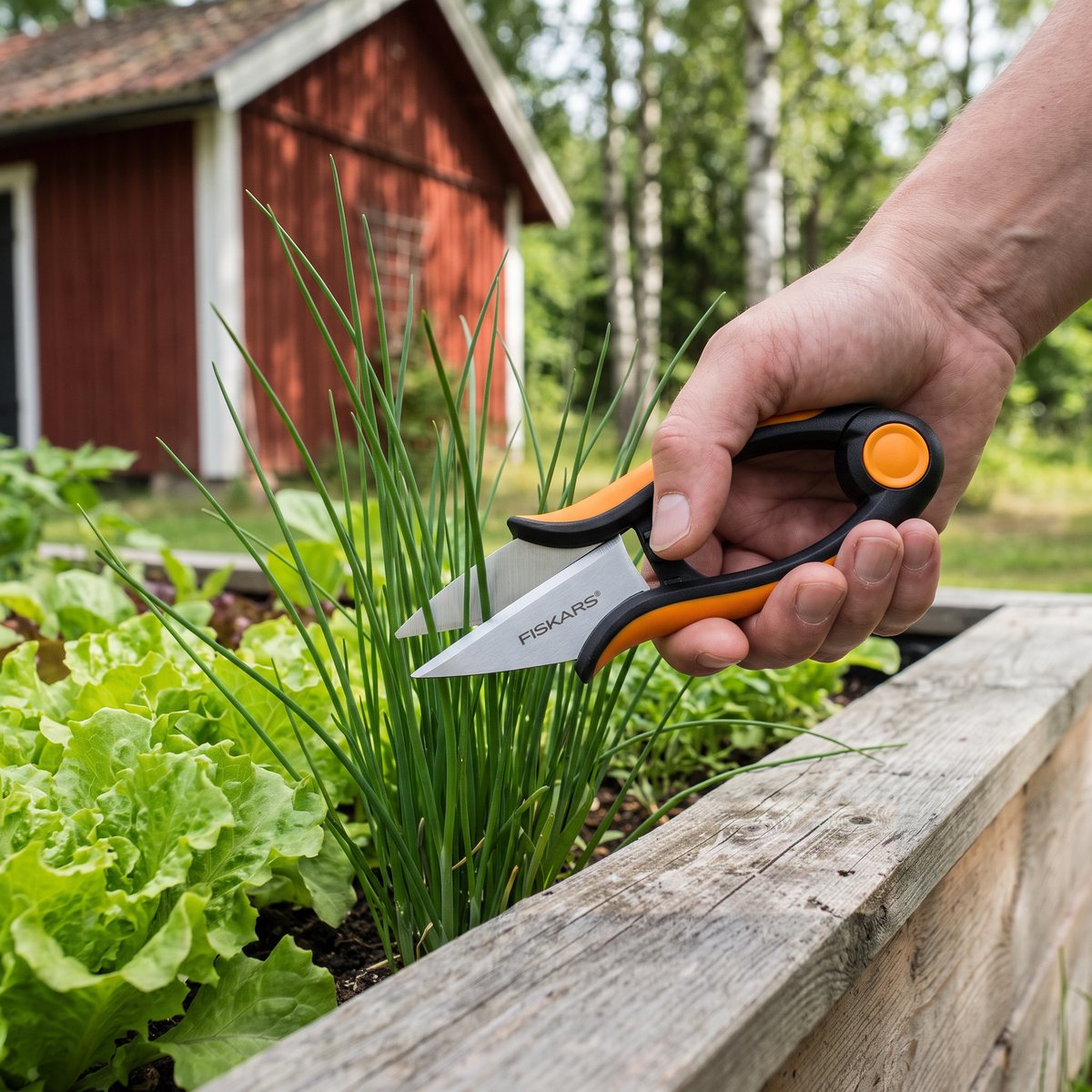 Fiskars Snip SP220 klipper gräslök i en odlingslåda med sallad framför en röd bod