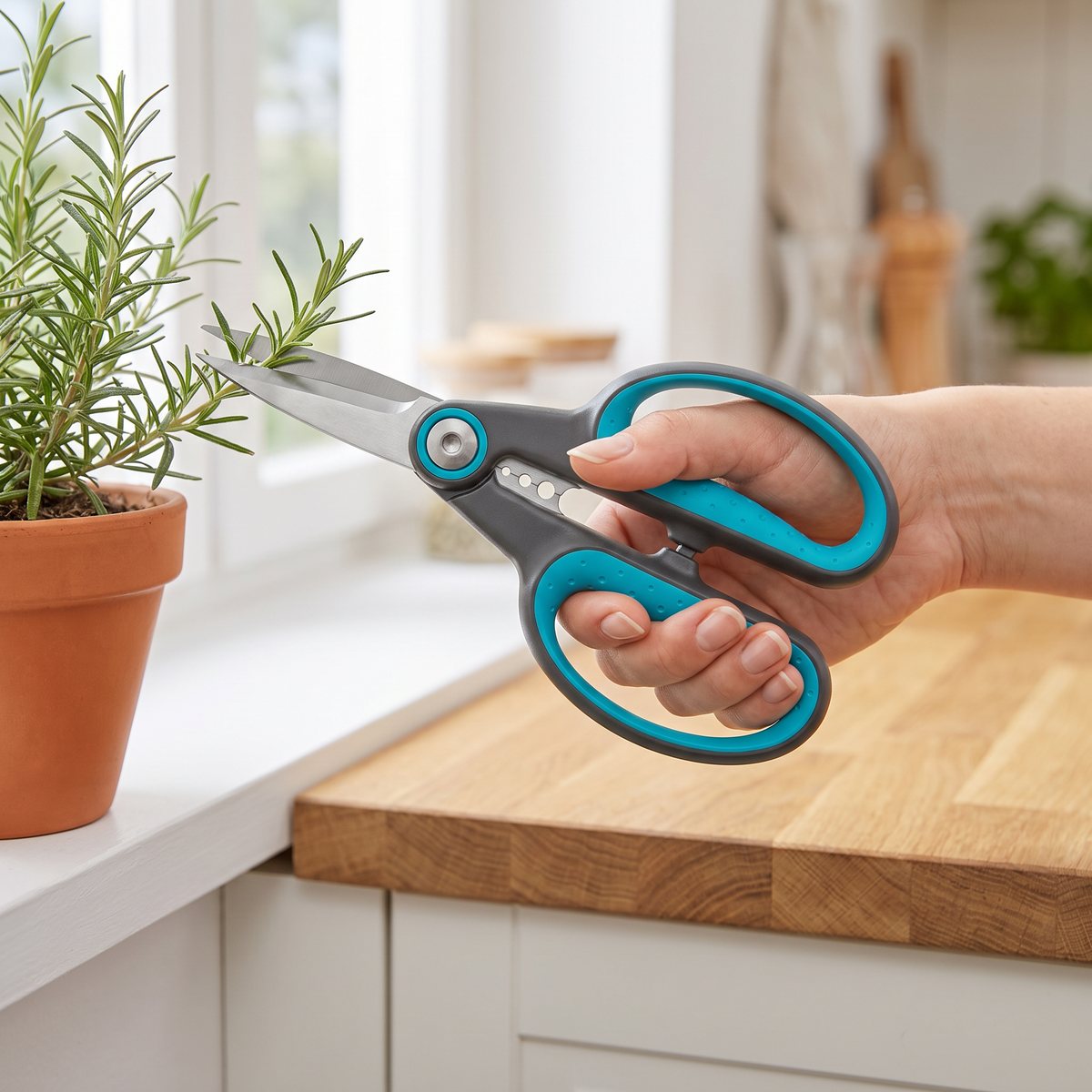 Gardena HerbCut med turkosa handtag klipper rosmarin i en lerkruka i ett ljust svenskt kök