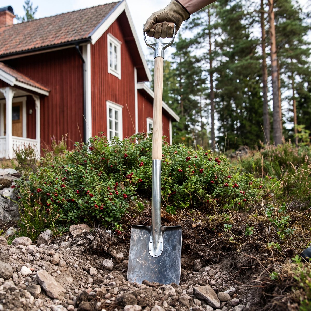 Grävspade med askskaft och spetsigt blad som gräver ett dike vid en röd stuga i svensk landsbygd