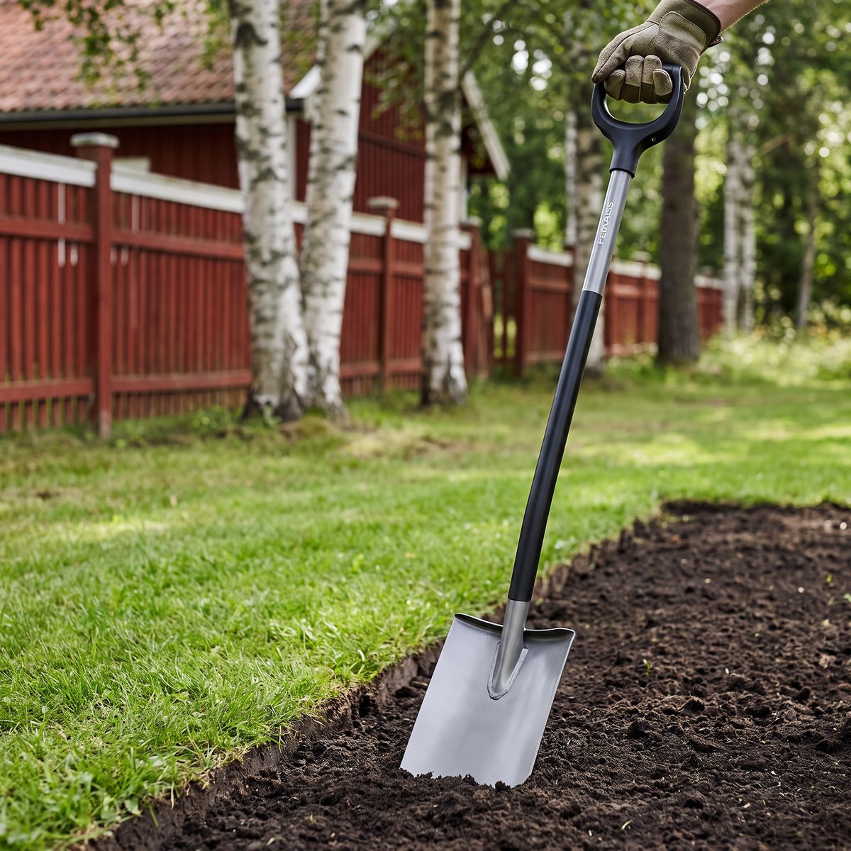 Fiskars Ergonomic-spade med D-handtag som skär en rak kant längs en gräsmatta i en svensk trädgård