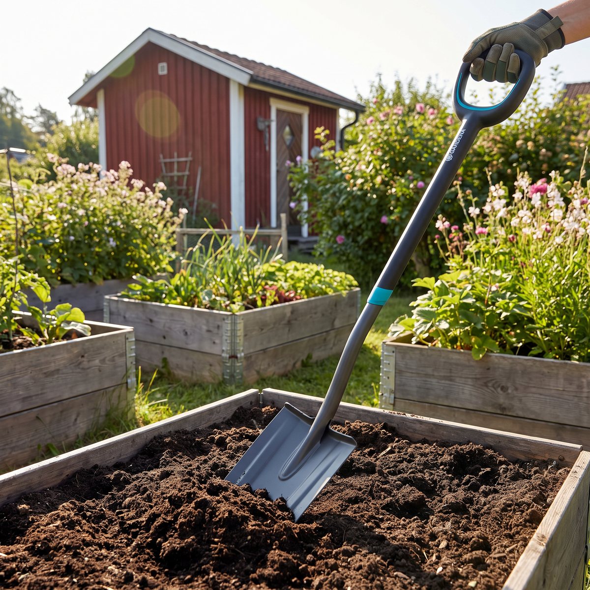 Gardena ErgoLine-spade med brett D-handtag som vänder jord i en svensk kolonilott