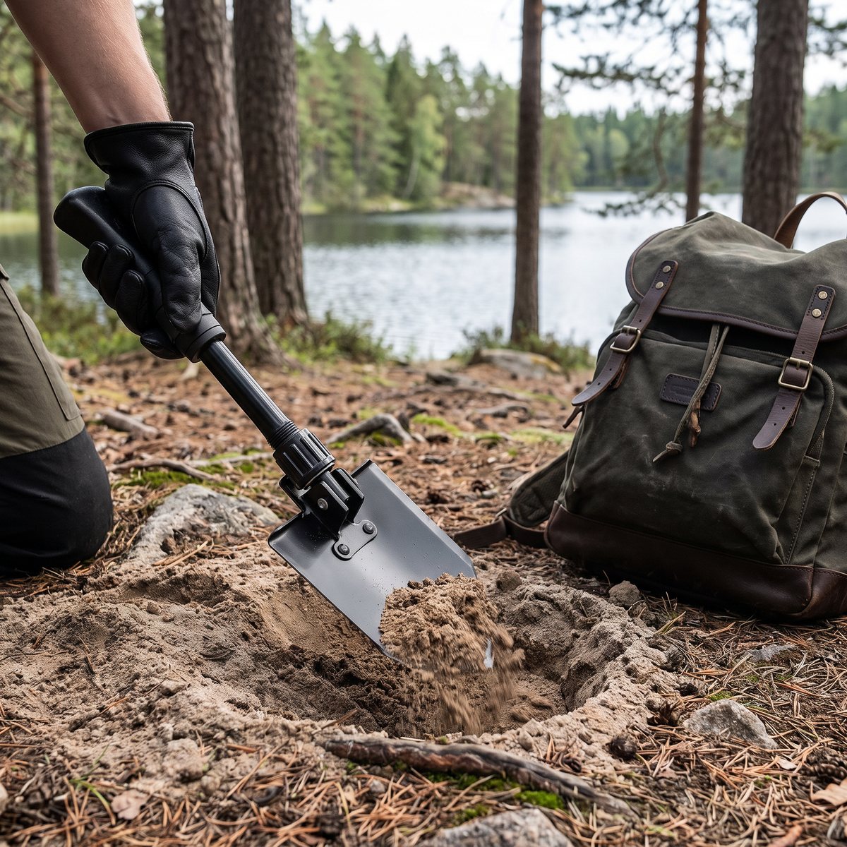 Fällbar Gerber-spade som gräver en liten eldgrop vid ett tältläger i svensk tallskog