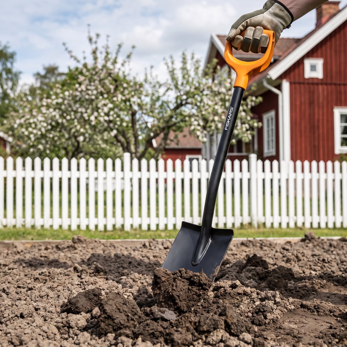 Fiskars Solid-spade med orange D-handtag som gräver i en rabatt i en svensk trädgård