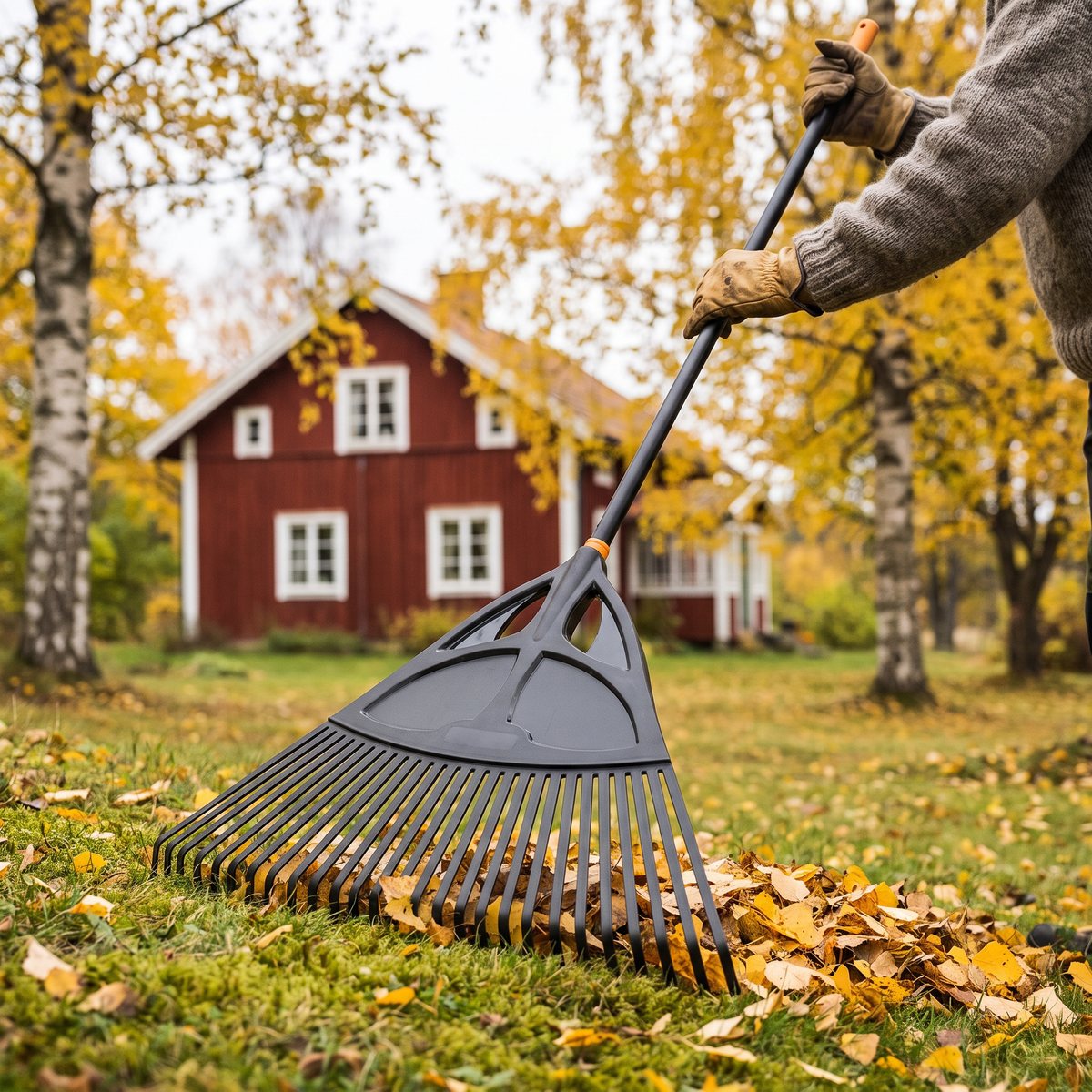 Fiskars Solid XL lövräfsa med svart plasthuvud och aluminiumskaft som räfsar björklöv på en mossig gräsmatta framför ett rött trähus