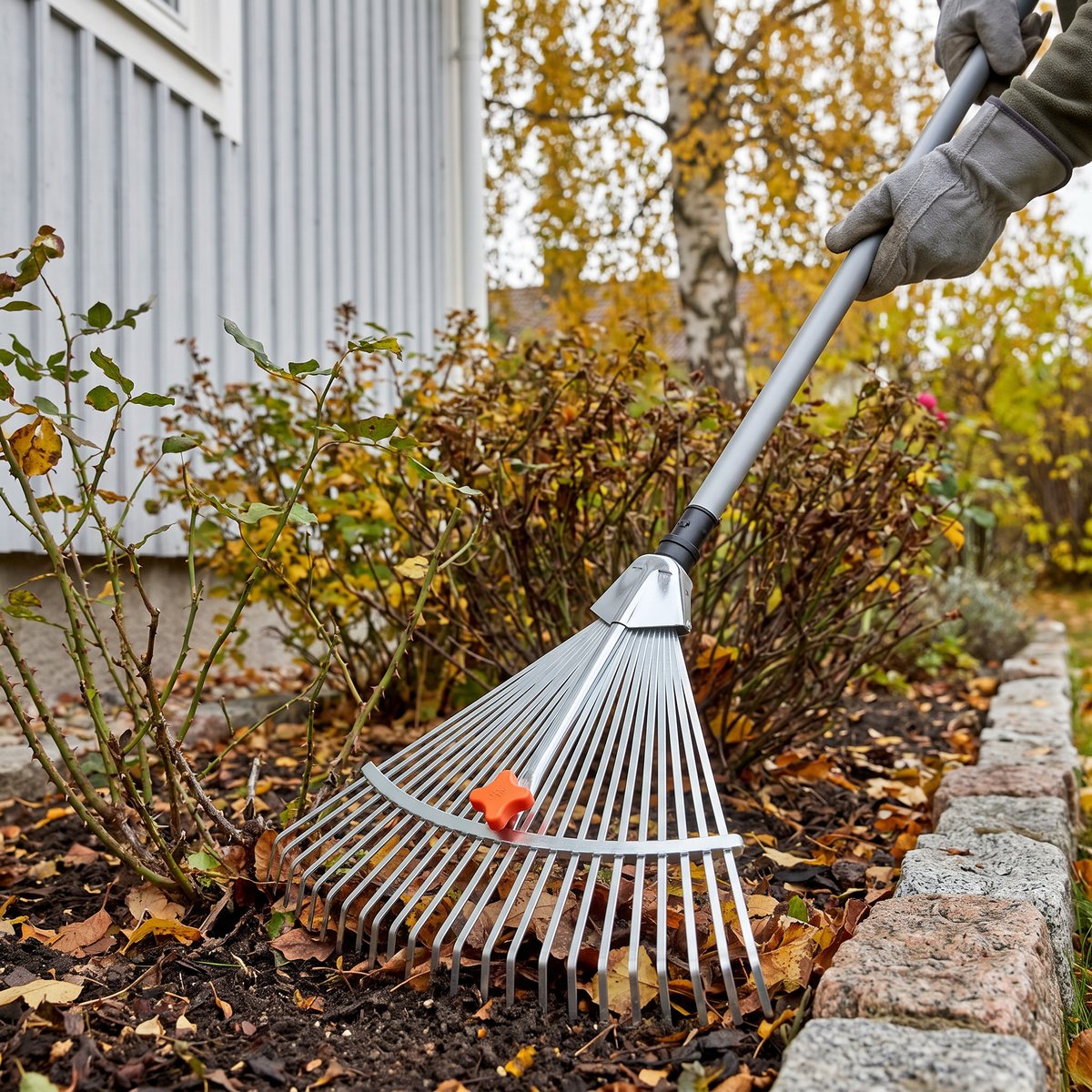 Gardena Combisystem bladfjäderräfsa med pinnar i fjäderstål på ett skaft som räfsar löv ur en rabatt under rosenbuskar vid en husvägg