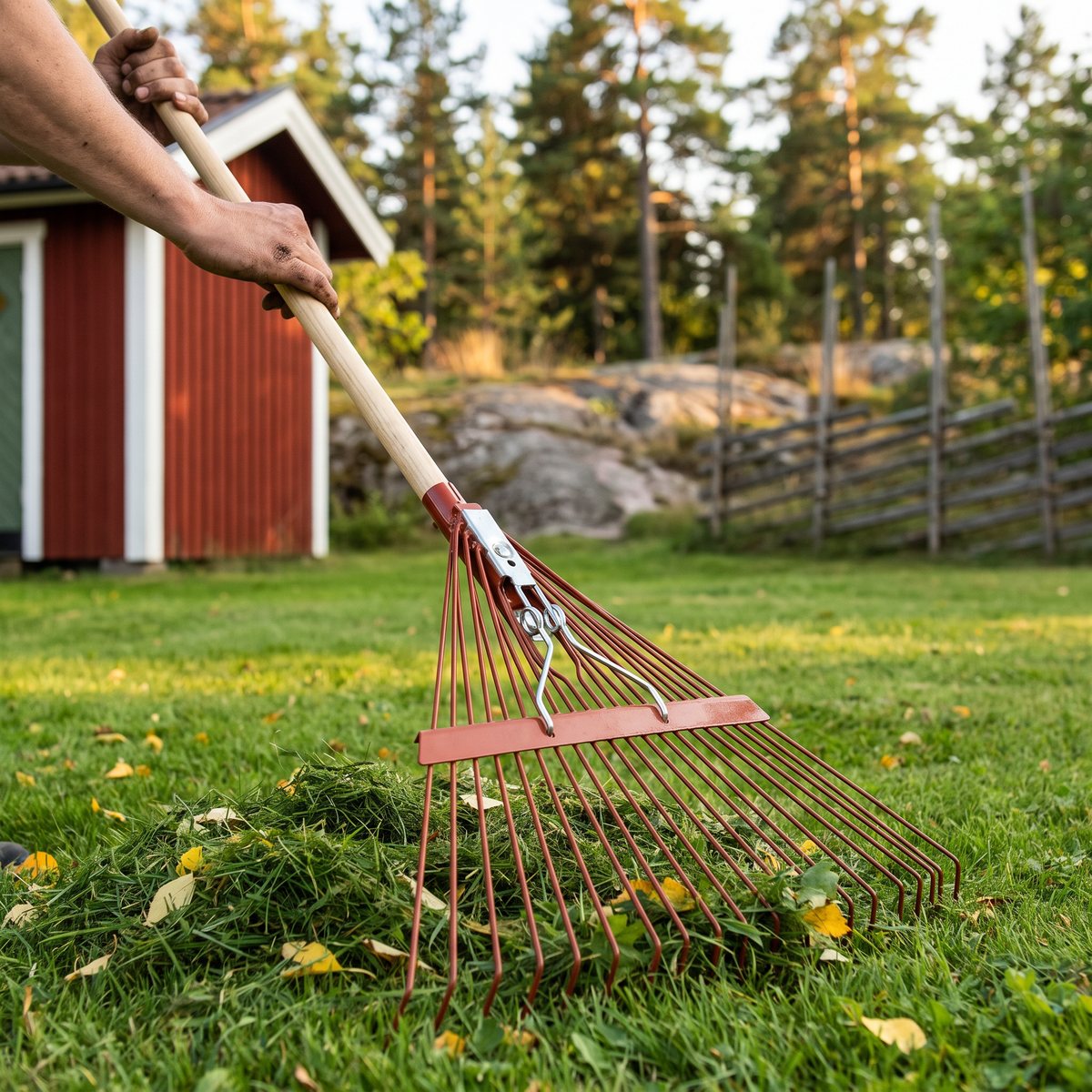 PELA 549442 lövräfsa med röda metallpinnar och träskaft som räfsar ihop gräsklipp på gräsmattan vid en röd sommarstuga