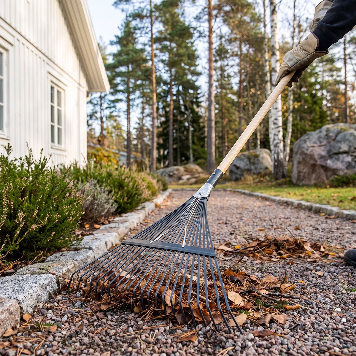 Serva FZ lövräfsa med flata pinnar i fjäderstål och lackat träskaft som drar löv, barr och kvistar från en grusgång vid ett vitt trähus