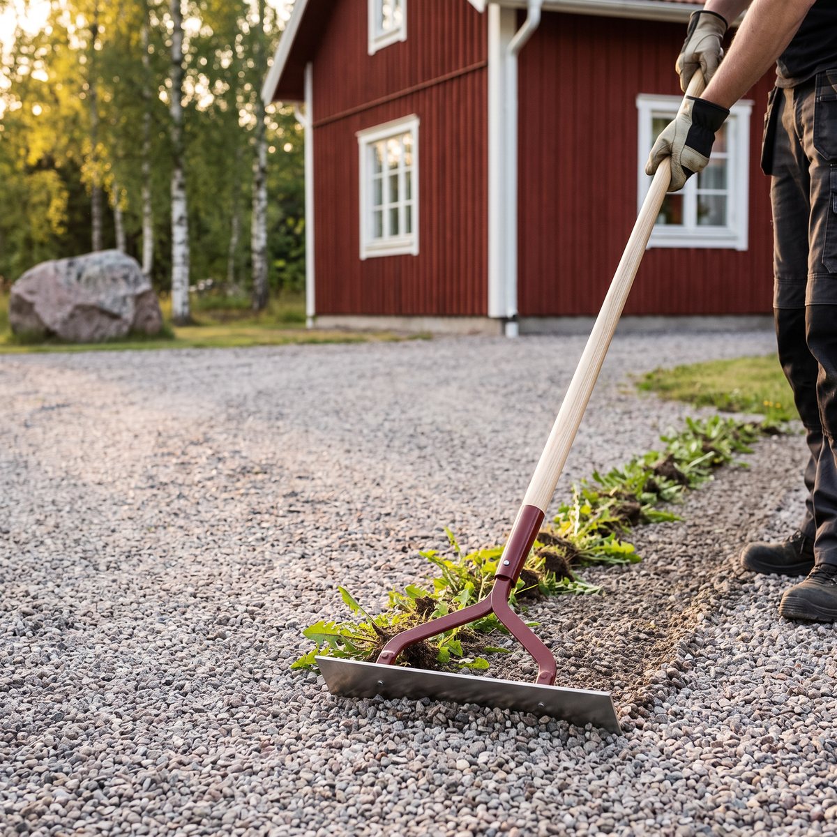 Fiskars Classic push-pull gångskyffel med brett blad som rensar en grusuppfart framför en röd villa, uppryckt ogräs ligger i en sträng
