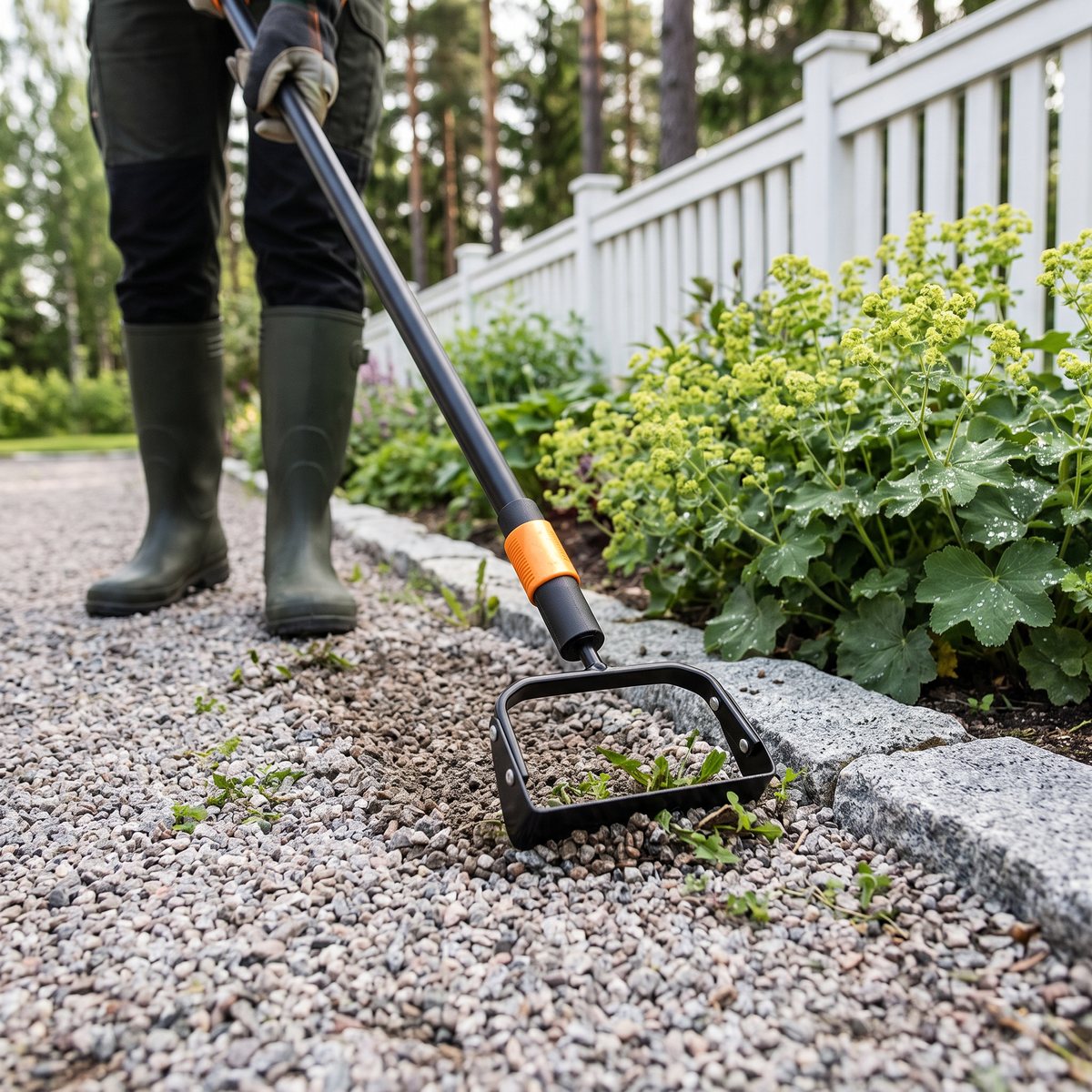 Fiskars QuikFit stigbygel på svart skaft som rensar ogräs på en grusgång längs en granitkant och en rabatt med daggkåpa