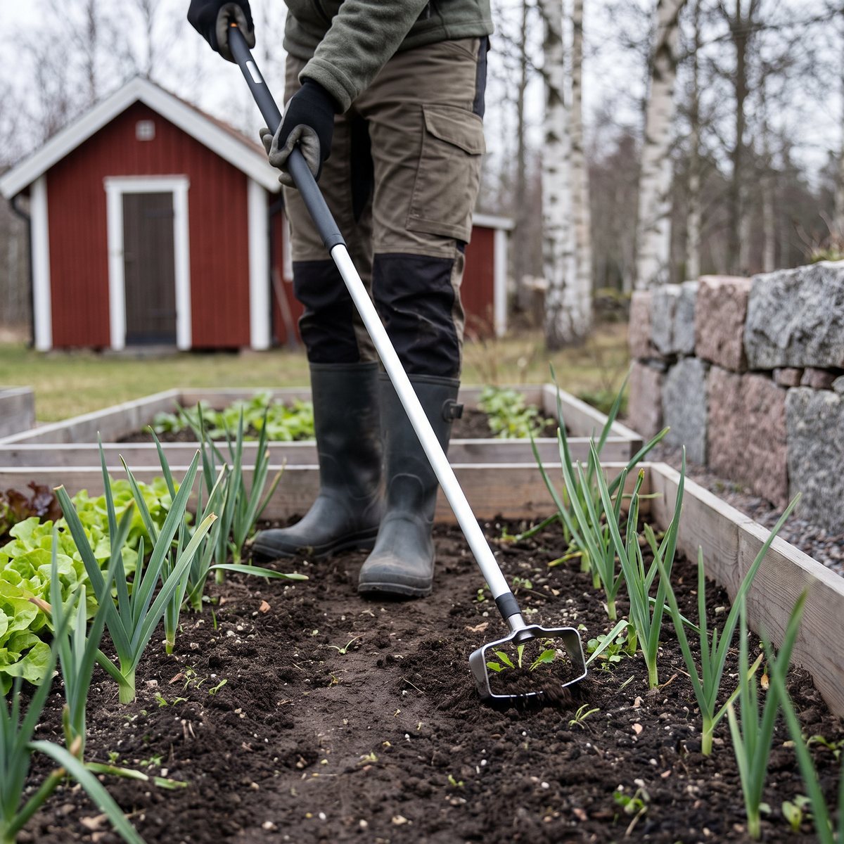 Fiskars Xact ogräsupptagare med aluminiumskaft som rensar ogräs i lucker jord mellan purjolök och sallat i en odlingslåda, med en röd bod och björkar i bakgrunden