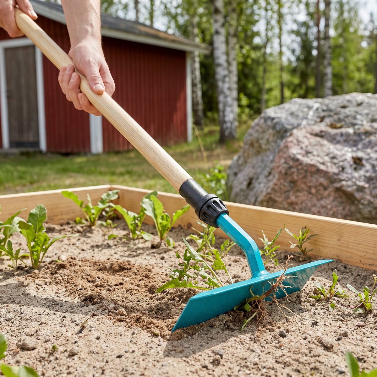 Gardena combisystem skyffeljärn push-pull på ett träskaft som skär ogräs i torr sandjord i en pallkrage, med en röd bod, björkar och ett granitblock i bakgrunden
