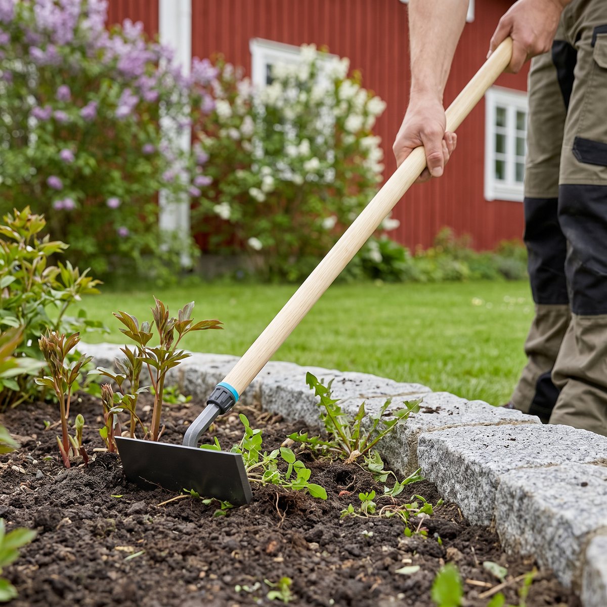 Gardena PureLine skyffeljärn med träskaft som skär bort ogräs i rabattkanten intill en granitkantsten framför ett rött trähus