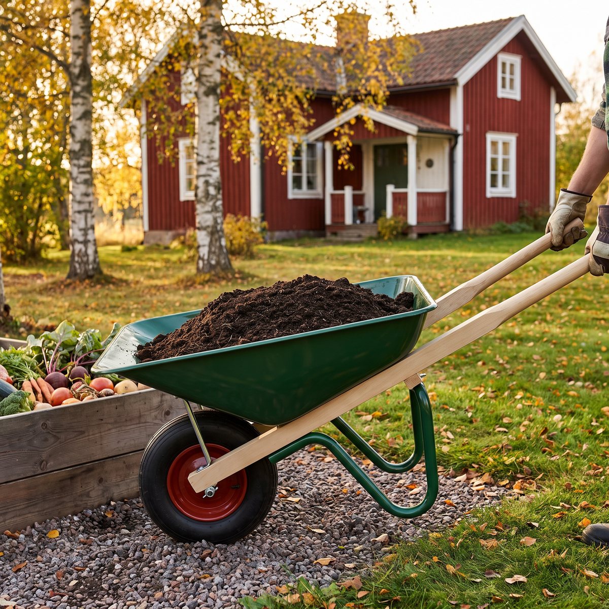 Grön Ekeby 1410 skottkärra med luftgummihjul lastad med jord vid en grusgång i en svensk trädgård
