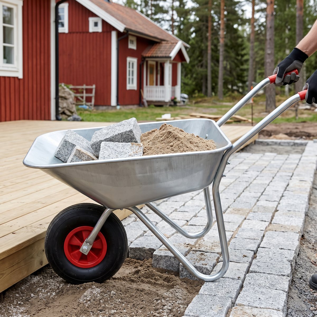 Galvaniserad Hörby Bruk 21GL skottkärra med marksten och sand vid en träaltan