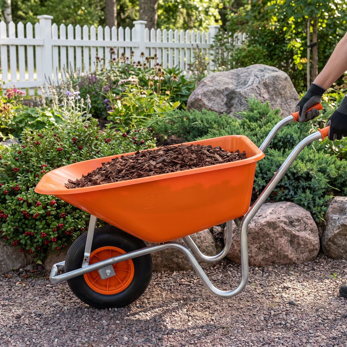 Orange Willab plastkärra med luftgummihjul lastad med barkmull i en svensk trädgård