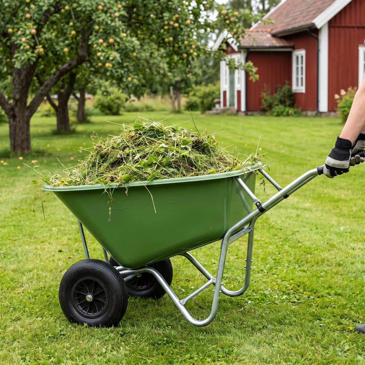 Stor grön Willab plastkärra med två hjul full med gräsklipp i en svensk trädgård med äppelträd