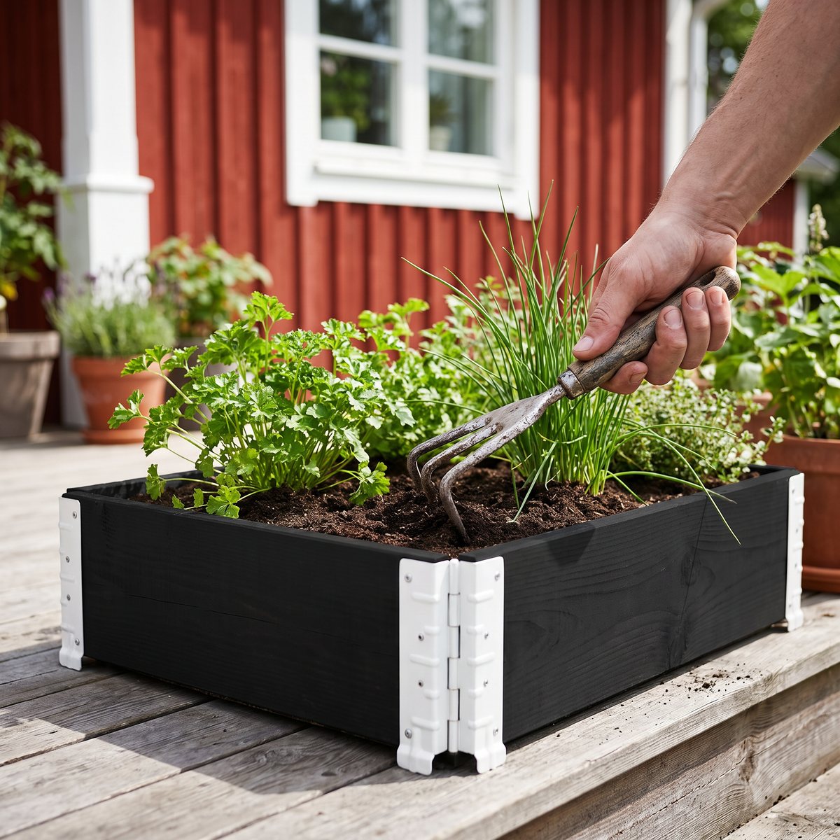 Svart pallkrage i furu som liten odlingsbädd med örter på en svensk trätrall
