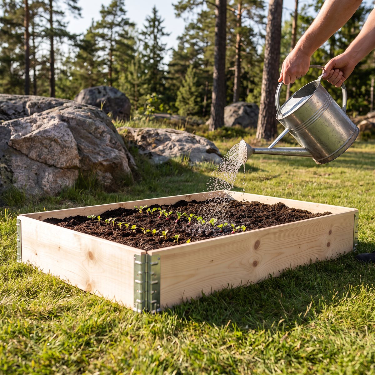 Ljus odlingskrage i gran på en gräsmatta i en svensk trädgård där rädisor vattnas