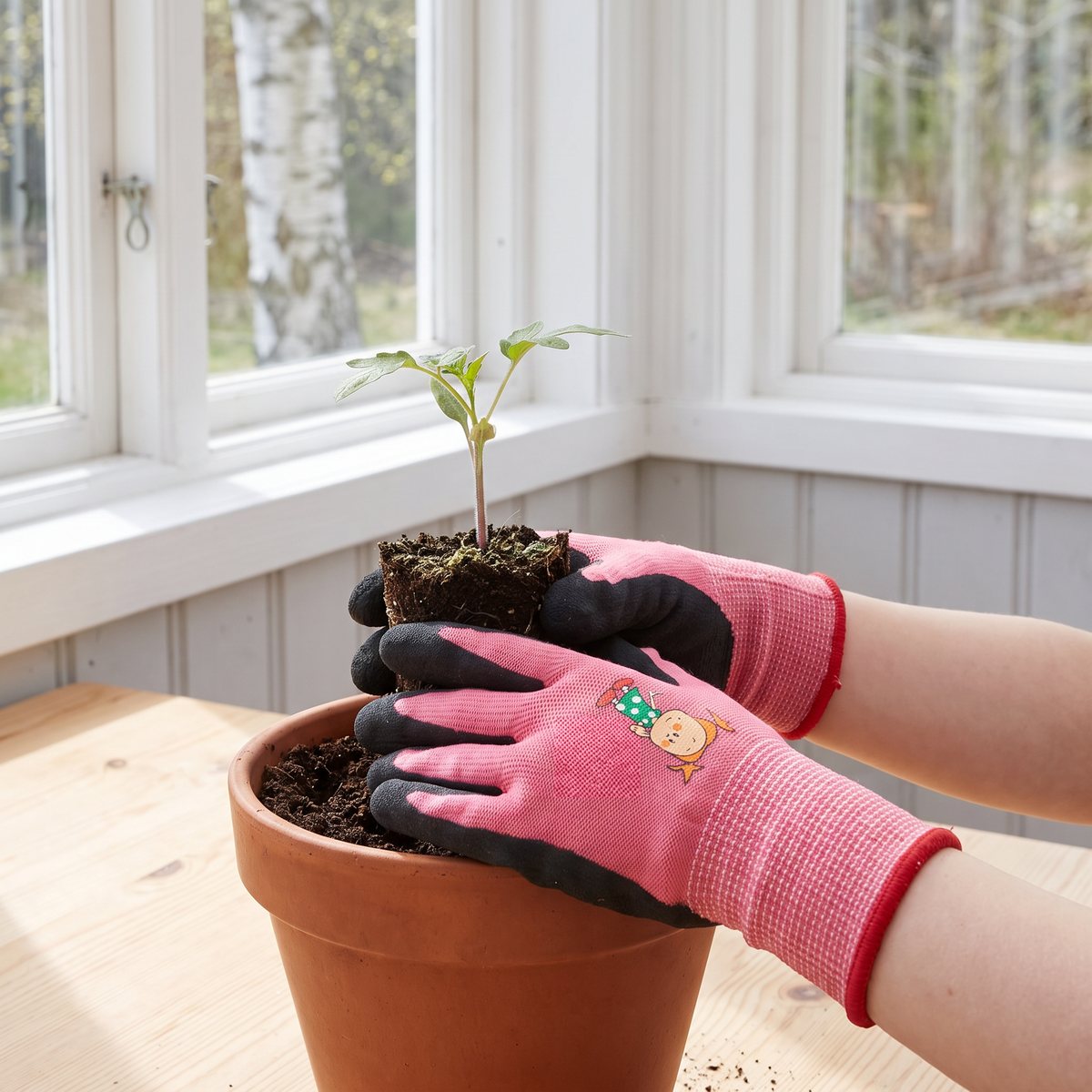 Barnhänder i rosa BeeFree Mini-handskar planterar en tomatplanta i en terrakottakruka på en ljus glasveranda