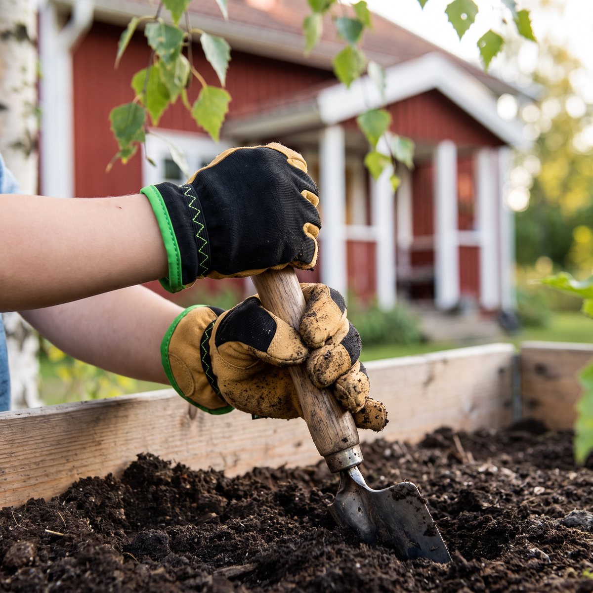 Barnhänder i Hestra Job Kobolt-handskar i svart och beige gräver med en planterspade i en pallkrage framför ett rött trähus