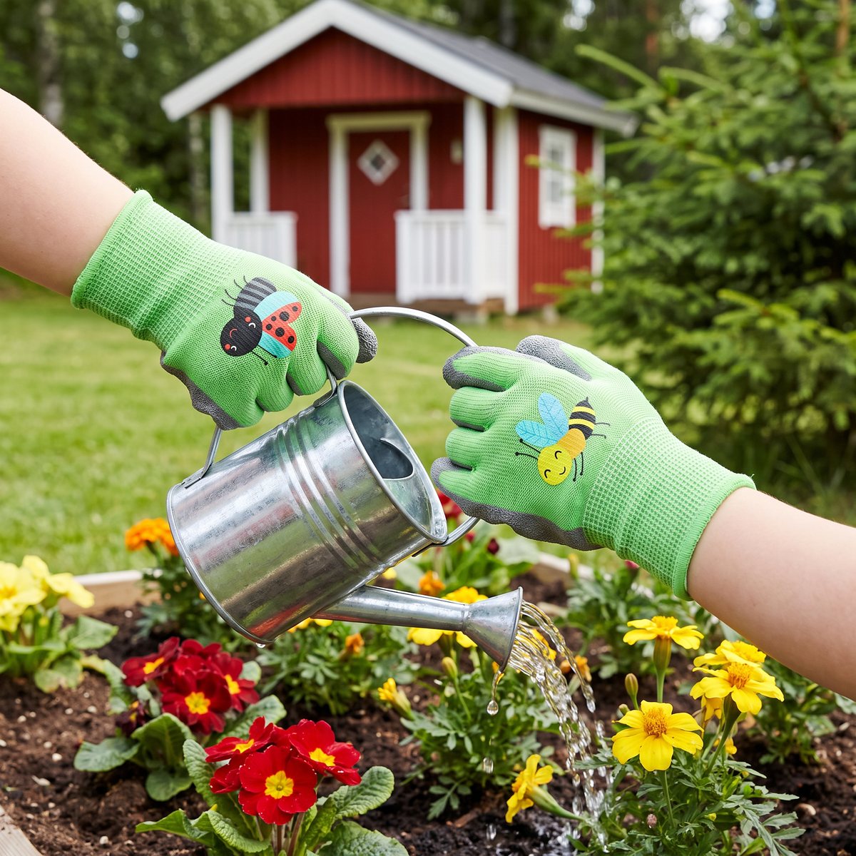 Barnhänder i gröna trädgårdshandskar med nyckelpiga och bi vattnar blommor med en vattenkanna framför en röd lekstuga