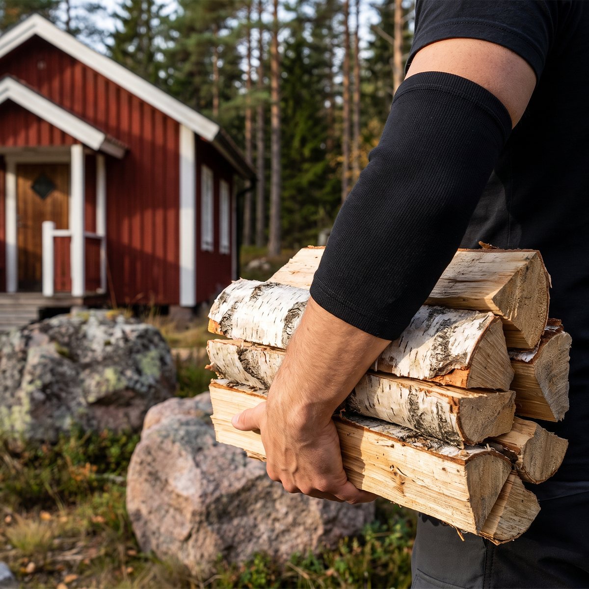 Svart armbågsskydd i Welltex-tyg på en arm som bär björkved utanför en röd svensk stuga