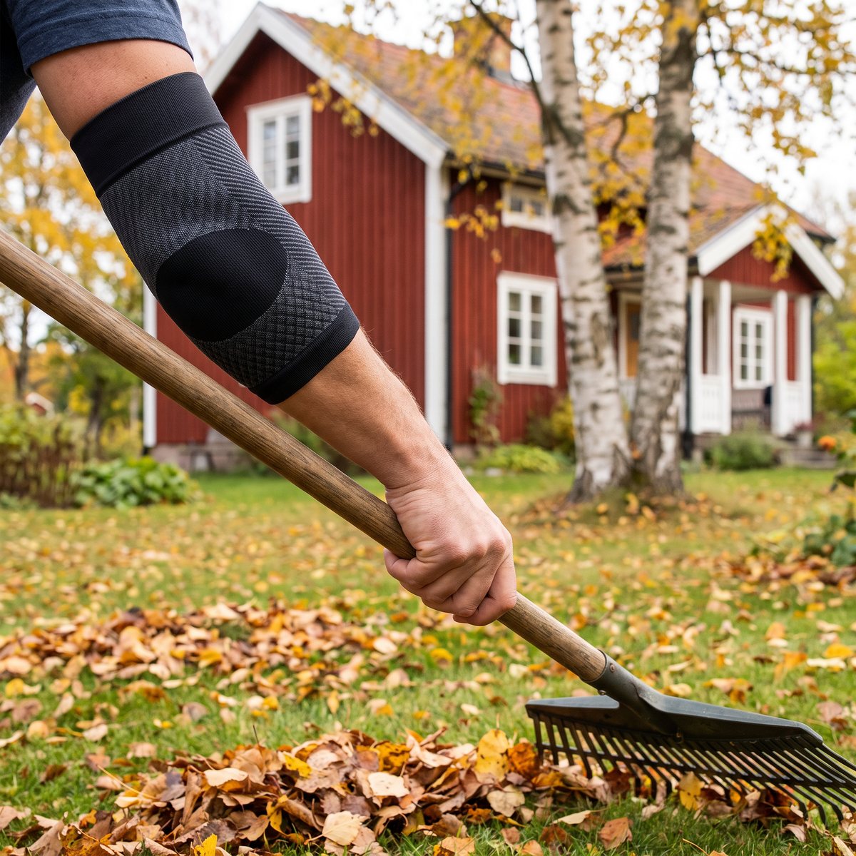Grå kompressionssleeve på armbågen medan en kratta används i en svensk trädgård med rött trähus och björkar