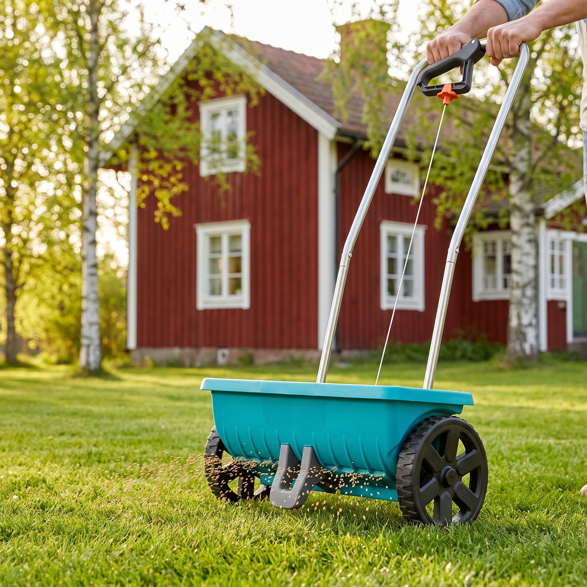Gardena Universalspridare L med turkos behållare skjuts över en gräsmatta framför ett rött trähus i svensk trädgård