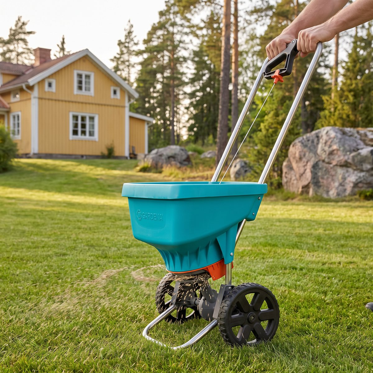 Gardena Universalspridare XL skjuts över en stor gräsmatta med tallar och gult trähus i svensk trädgård