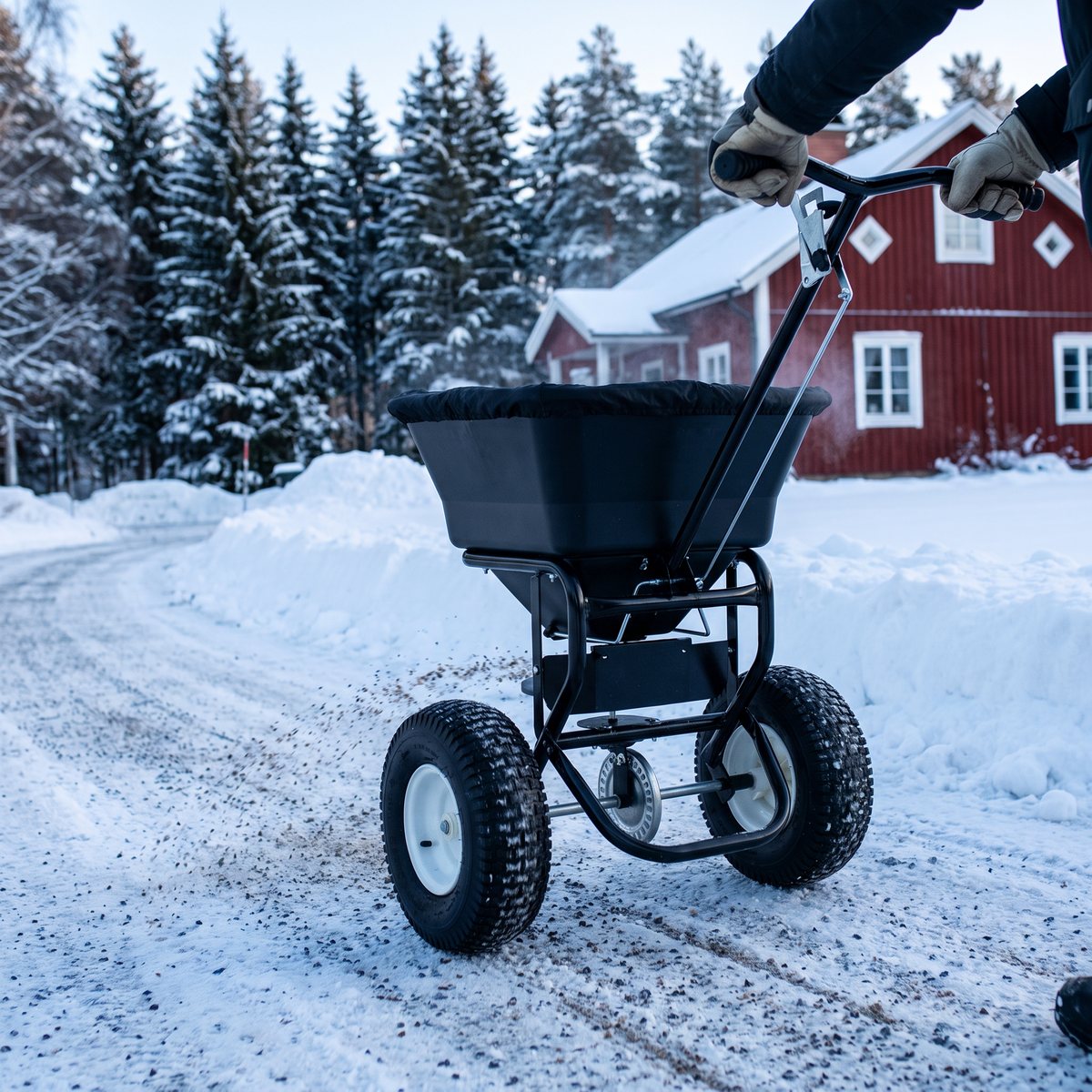 Hörby Bruk 3022 sprider grus på en snöig grusuppfart med granskog och rött hus i bakgrunden