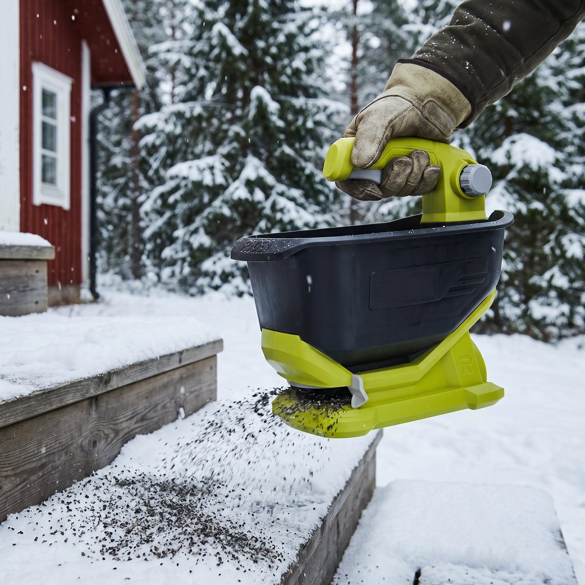 Ryobi ONE+ OSS1800 hålls i handen och sprider grus på snöiga trappsteg vid en stuga