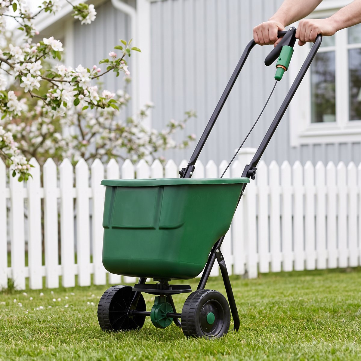 Substral Easygreen skjuts över en gräsmatta framför vitt staket och äppelblom i svensk villaträdgård