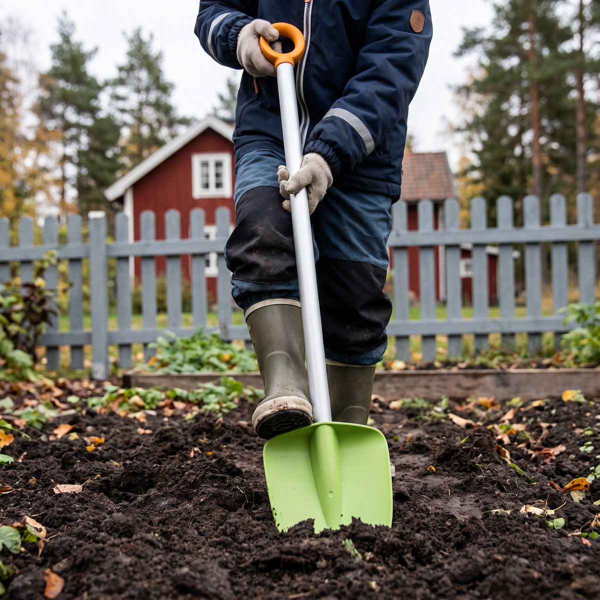 Barn i gummistövlar trycker ner Fiskars MyFirst-spaden med grönt blad i jorden i ett svenskt grönsaksland på hösten