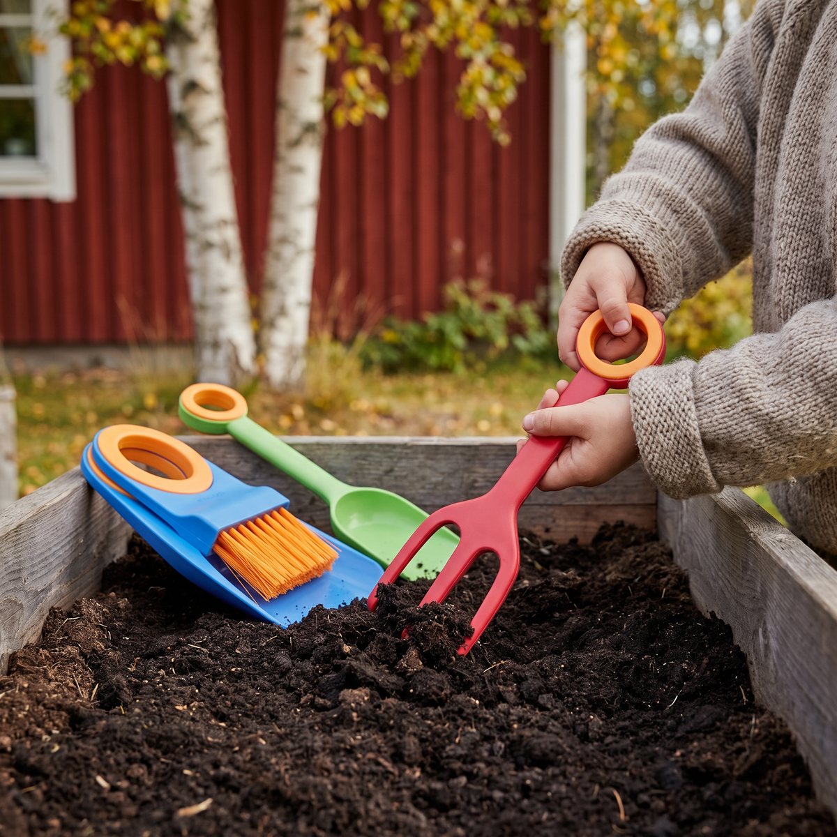 Barnhänder luckrar jorden i en pallkrage med den röda kultivatorn ur Fiskars MyFirst-setet, med spade, skopa och kvast bredvid, framför ett rött trähus
