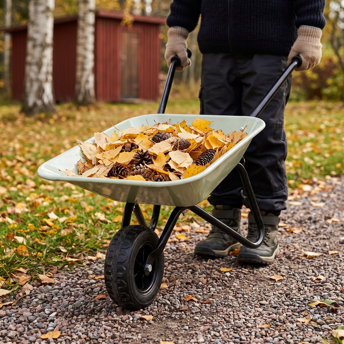 Barn kör Hörby Bruks barnskottkärra full med björklöv och kottar längs en grusgång i en svensk trädgård på hösten