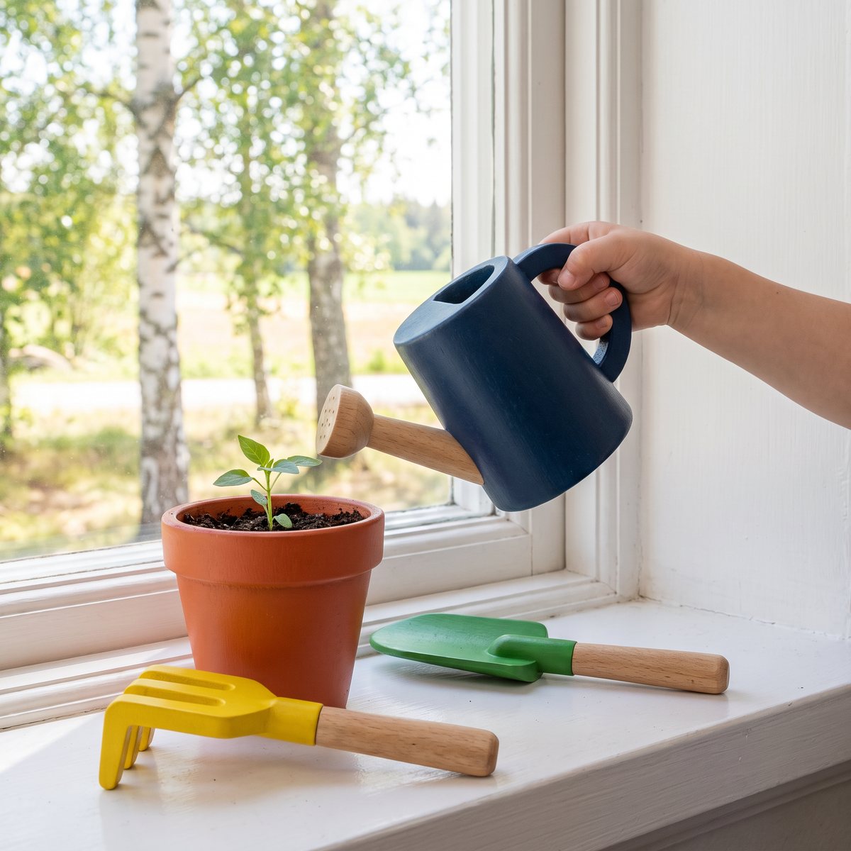 Barnhand håller vattenkannan i trä från Plan Toys över en planta i träkrukan på en vit fönsterbräda i en svensk lägenhet