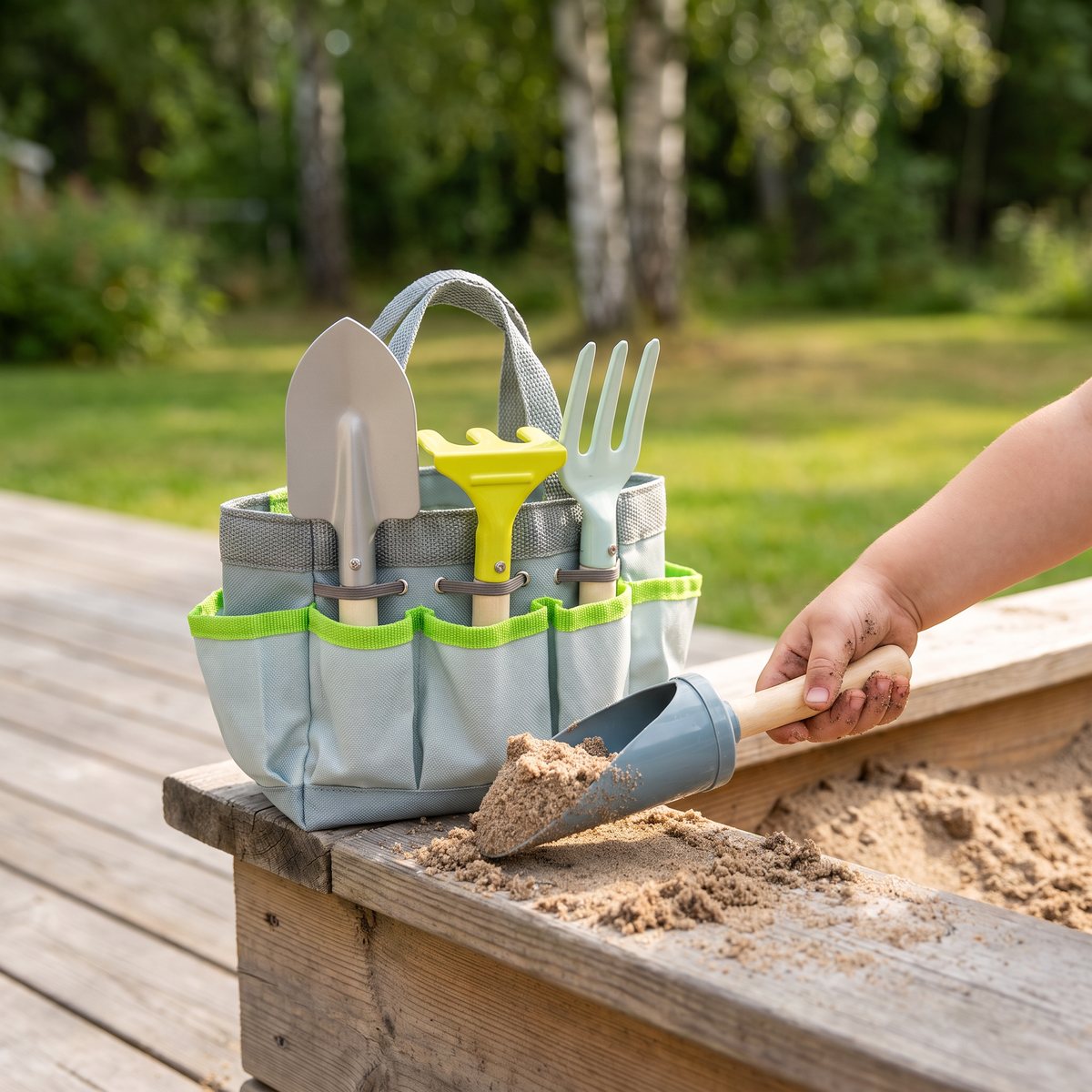Barnhand gräver sand med skopan ur Small Foots trädgårdsväska på kanten av en sandlåda i en svensk trädgård på sommaren