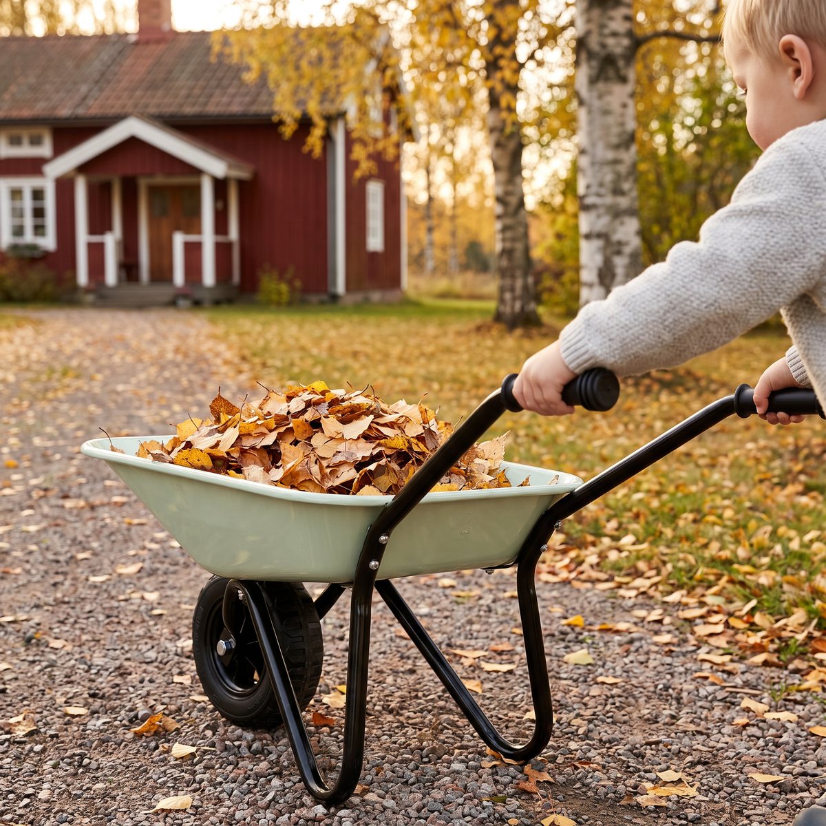 Ljusgrön barnskottkärra i plåt med svarta rörhandtag som ett barn skjuter längs en grusgång med löv i en svensk trädgård