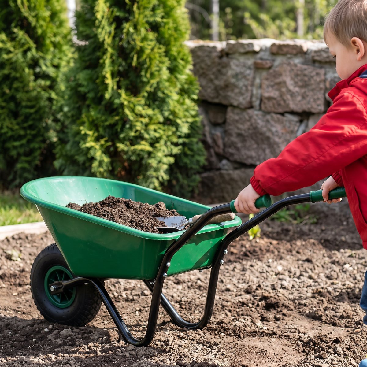 Grön juniorkärra med plastbalja och svart stålrörsram som fylls med jord i en svensk trädgård