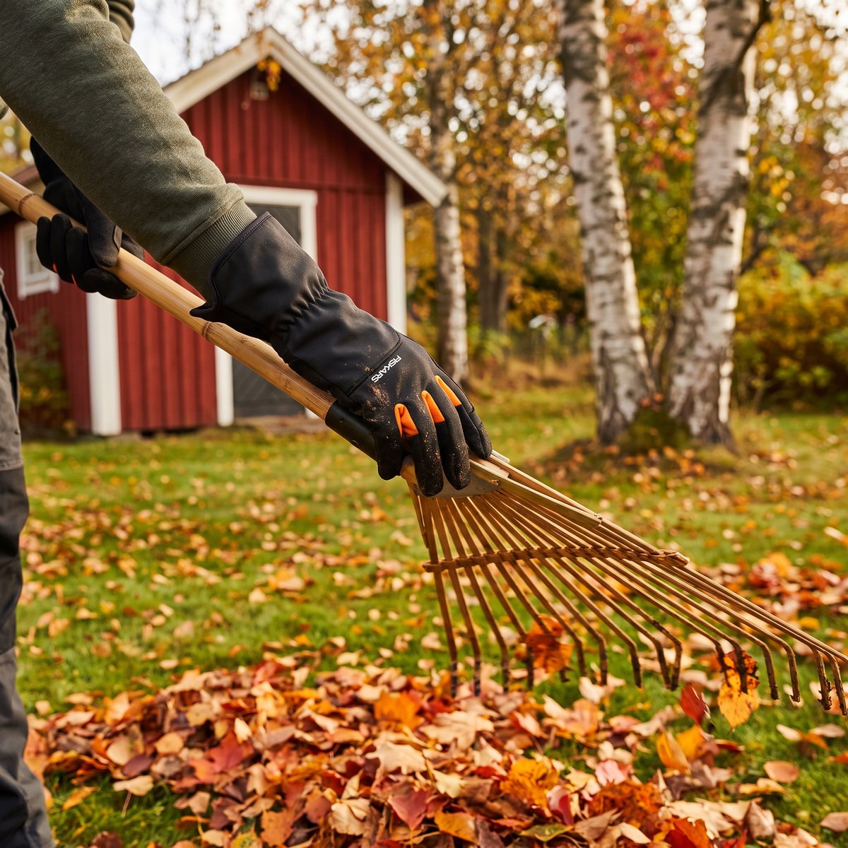 Fiskars trädgårdshandske i svart med orange detaljer vid krattning av löv i en svensk trädgård