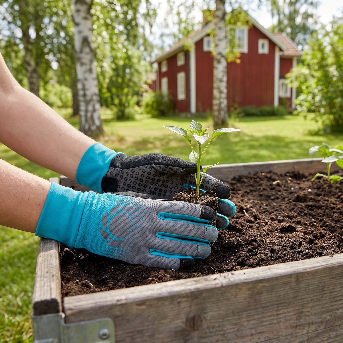 Gardena trädgårdshandske i turkos och grå mesh vid plantering i en odlingslåda i en svensk trädgård