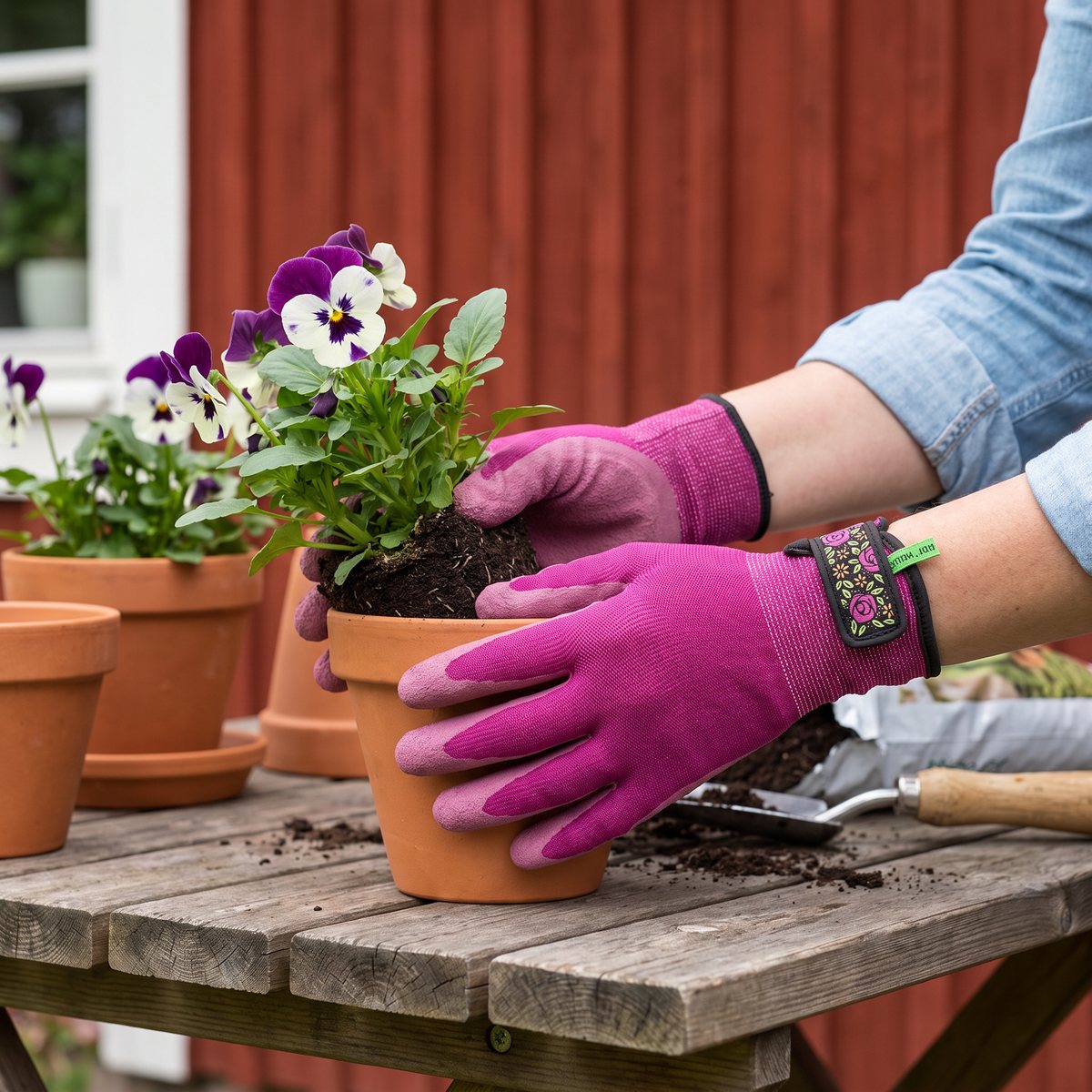 Hestra Job Garden Bamboo i rosa vid plantering av penséer i krukor på en svensk veranda