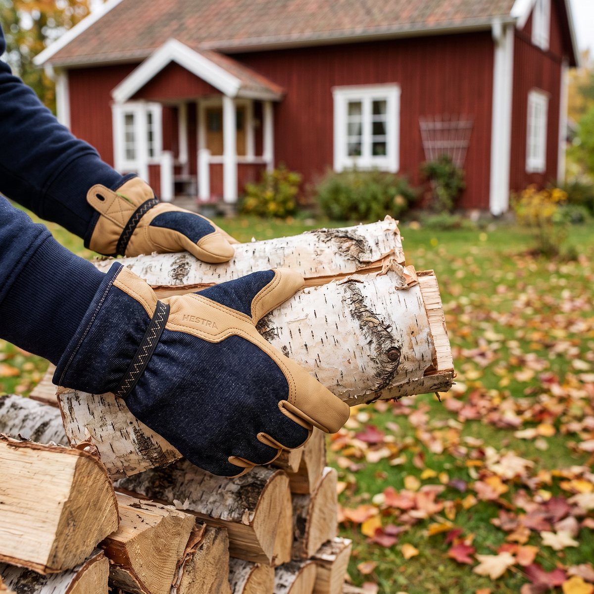 Hestra Job Kobolt Denim i denim och getskinn vid stapling av björkved vid en röd stuga