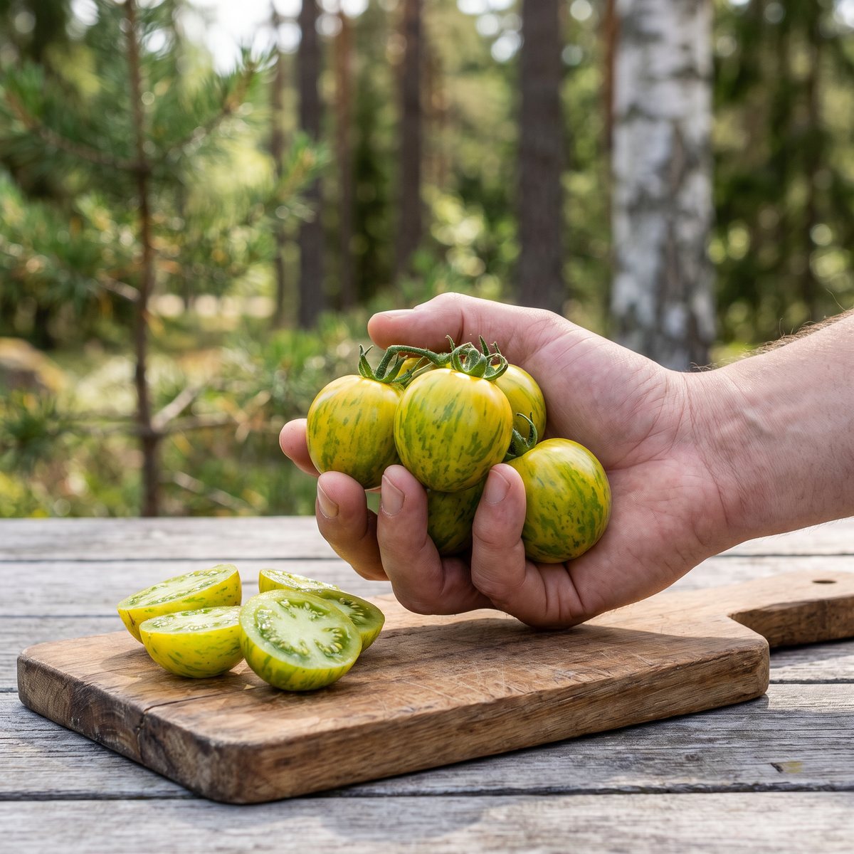 Hand håller randiga gulgröna tomater vid ett trädgårdsbord med svensk tallskog bakom