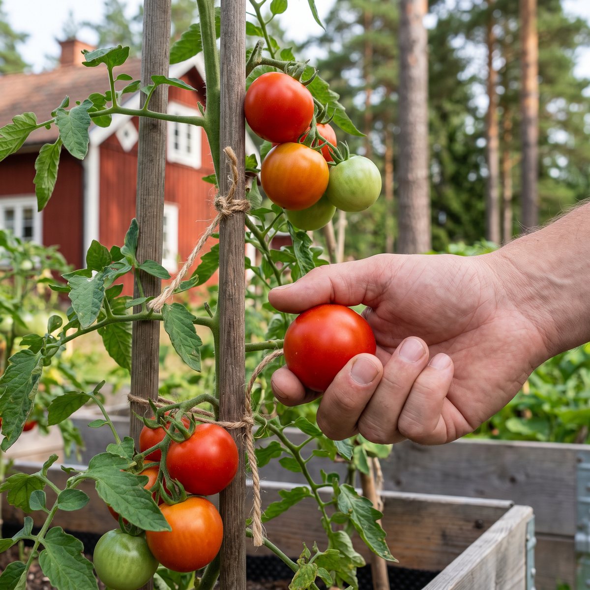 Röda och gröna tomater på käpp i en svensk odlingslåda med rött torp i bakgrunden