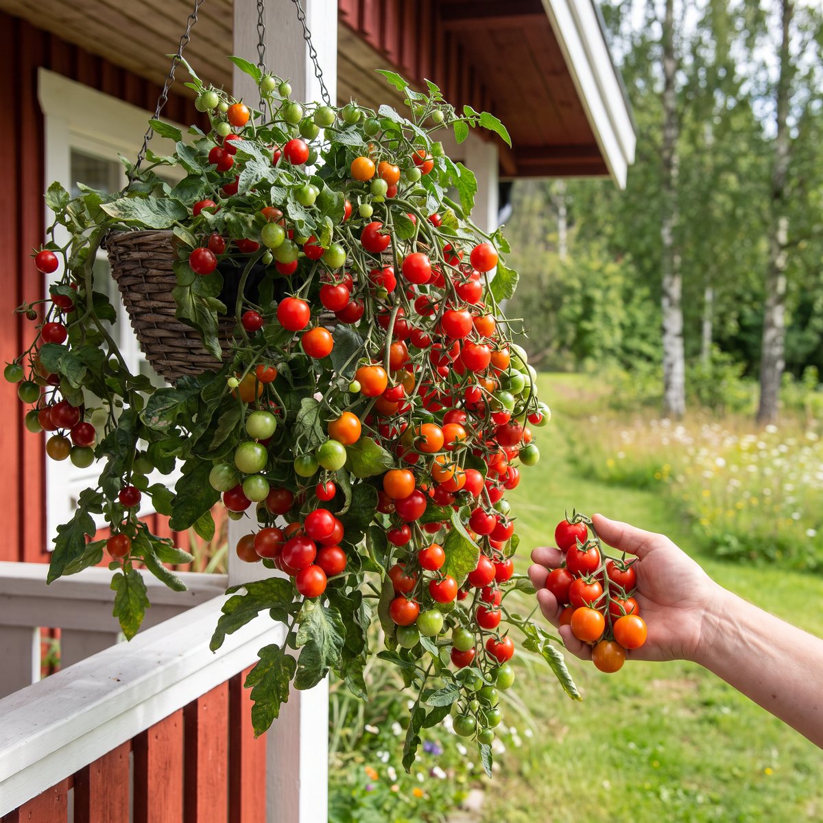 Hängande körsbärstomatplanta i ampel på en svensk veranda, en hand håller en klase