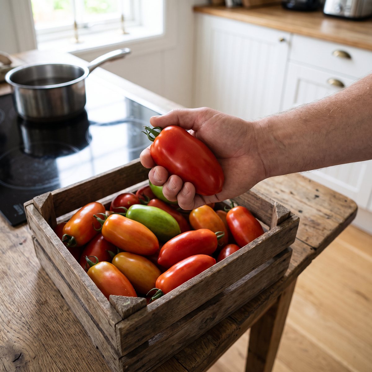 Hand håller en avlång plommontomat över en trälåda i ett svenskt kök med induktionshäll
