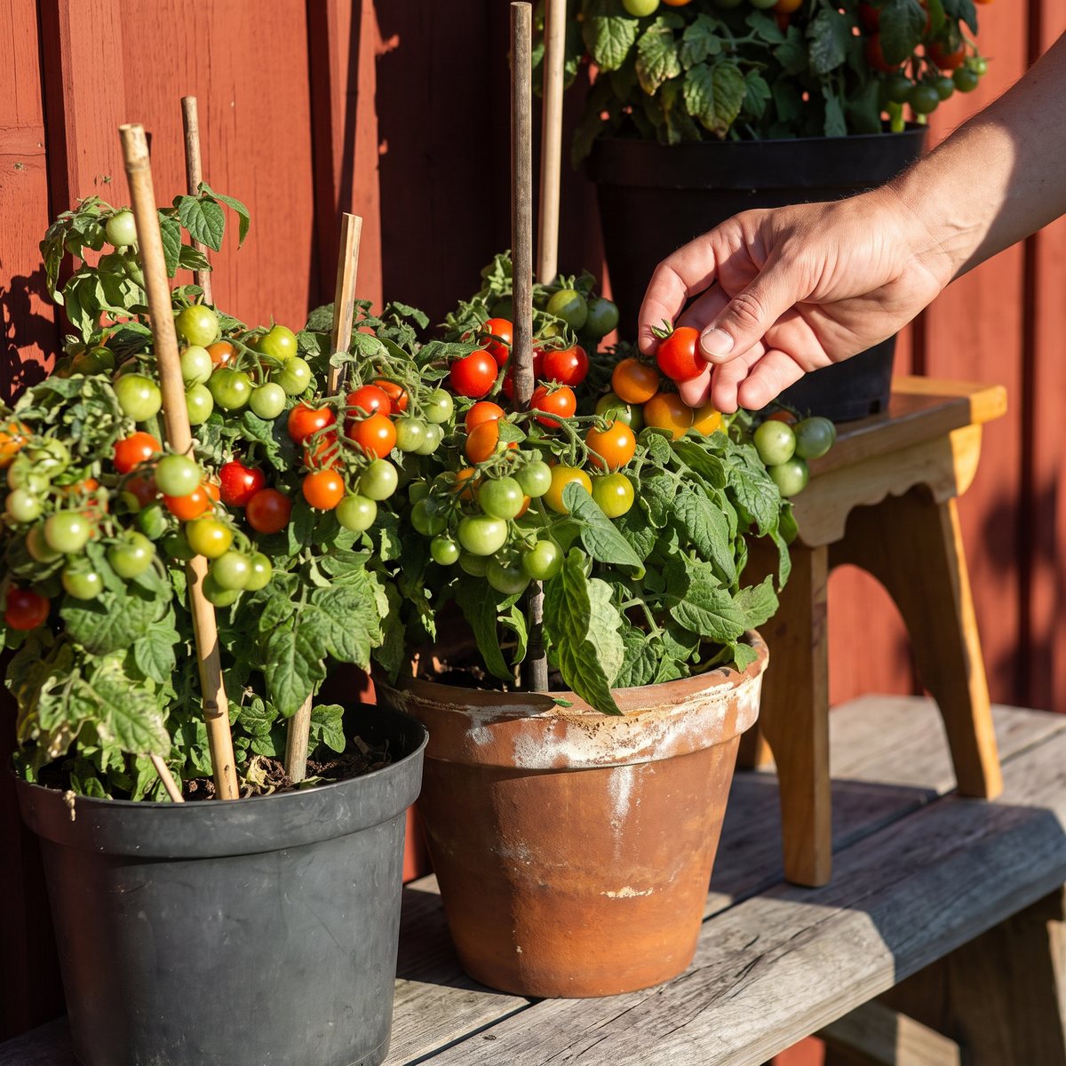 Kompakta körsbärstomatplantor i krukor på en bänk mot en faluröd vägg, en hand plockar en tomat